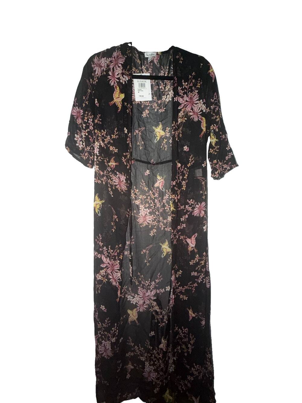 NWT LOVEFIRE MEDIUM floral and bird print sheer long kimono cardigan BOHO (AE17)